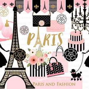 Paris, Fashion Digital Paper, Eiffel Tower, Monogram Bag, Quilted Handbag, Fashion Clip Art Digital Paper Set Instant Download image 2