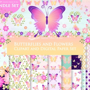 Butterfly, Butterflies and Flowers, Flower, Blooming Flower, Spring Clip Art + Digital Paper Set - Instant Download