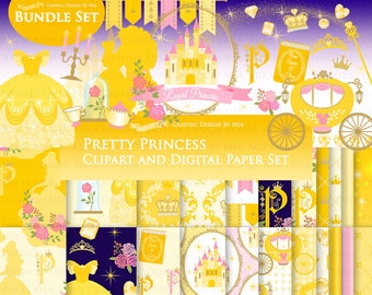 Princess, Princess Dress, Birthday Part, Princess Party, Royal, Yellow, Princess Clip Art + Digital Paper Bundle Set