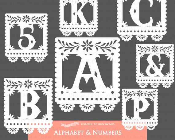 White Alphabet & Numbers, Papel Picado, Fiesta, Digital Clip Art - Instant Download - CA211 Il_570xn