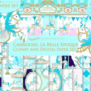 Carousel, Merry Go Round, Blue, Carousel Digital, Paris, Carrousel La Belle Epoque Clip Art + Digital Paper Set - Instant Download