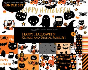 Halloween Clipart, Halloween Digital Paper, Fall Digital, Autumn Digital, Happy Halloween, Digital Clipart + Digital Paper Set