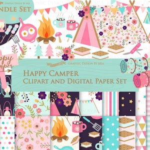 May include: A digital paper and clipart set with a camping theme. The set includes images of tents, campfires, lanterns, sleeping bags, and other camping essentials. The colors are pink, blue, green, and brown. The text "Happy Camper" is included in the image.