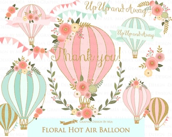 Air Balloon, Hot Air Balloon, Floral, Air Balloon Digital, Glitter Gold, Air Balloon  Clip Art - Instant Download - CA146