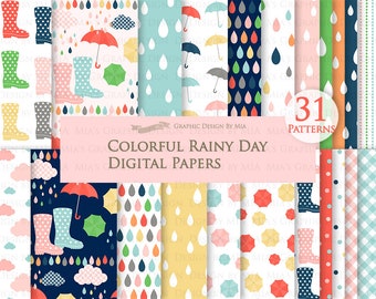 Rain, Rain Boots, Umbrella, Rain Images, Raindrop, Clouds, Colorful Cloud, Colorful Rainy Day Digital Paper Pack - Instant Download - DP067