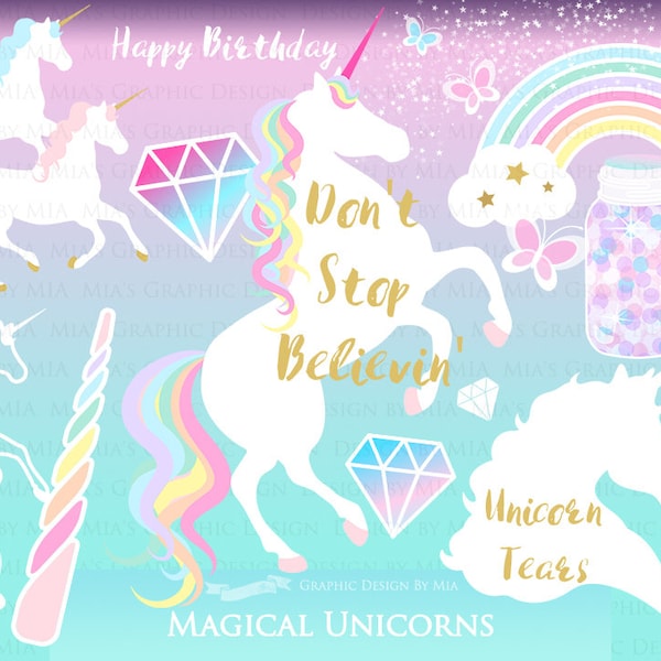 Magical Unicorns, White Unicorns, Einhorn, Unicorn Digital, Unicorn Clip Art - Instant Download - CA150