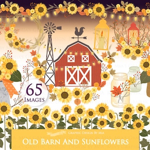 Puede incluir: Un conjunto de clipart digital con 65 im&aacute;genes de un granero rojo, girasoles, tarros de cristal y otros elementos de tem&aacute;tica oto&ntilde;al. Las im&aacute;genes est&aacute;n en un estilo de dibujos animados y son perfectas para crear manualidades digitales, scrapbooking y otros proyectos.