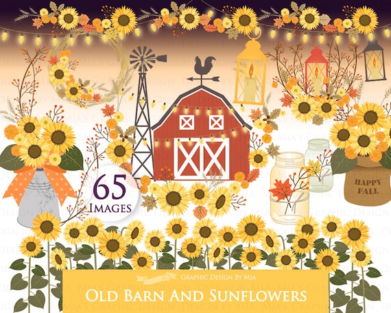 Old Barn And Sunflowers, Happy Fall, Autumn clipart, Fall Digital, Fall Clip Art - Instant Download - CA163
