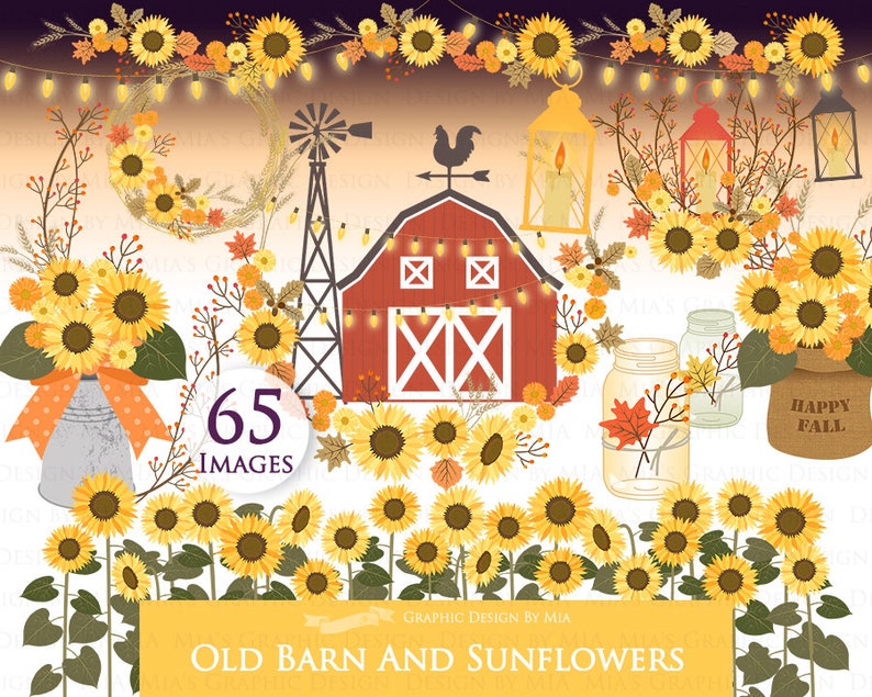 Puede incluir: Un conjunto de clipart digital con 65 im&aacute;genes de un granero rojo, girasoles, tarros de cristal y otros elementos de tem&aacute;tica oto&ntilde;al. Las im&aacute;genes est&aacute;n en un estilo de dibujos animados y son perfectas para crear manualidades digitales, scrapbooking y otros proyectos.