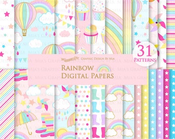 Rainbows, Pastel, Cute Rainbow, Rain, Clouds, Colorful Rainbow Party, Sun Sky, Boots, Umbrella Digital Paper Pack - Instant Download - DP206