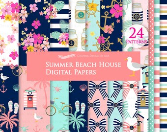 Summer Beach House, Summer, Summer Beach, Nautical, Summer Flower, Summer Party, Summer Digital Paper Pack - Instant Download - DP112
