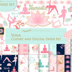 Yoga, Yoga Poses, Yoga Graphics, Om, Fitness, Exercise, Yoga Lotus, Namaste Clip Art + Digital Paper Set - Instant Download