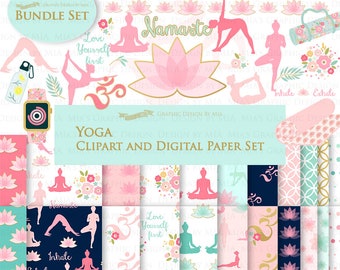 Yoga, Yoga Poses, Yoga Graphics, Om, Fitness, Exercise, Yoga Lotus, Namaste Clip Art + Digital Paper Set - Instant Download