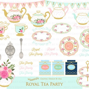 Tea, Tea Party, Tea Cup, Afternoon Tea, Rose, Pink & Mint Tea Clip Art Digital Paper Set Instant Download image 4