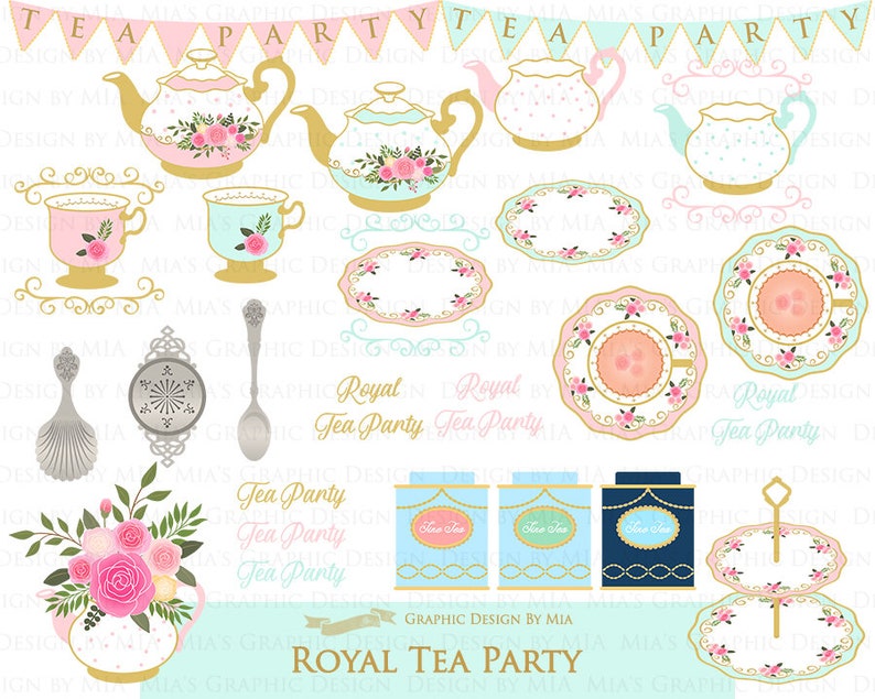 Tea, Tea Party, Tea Cup, Afternoon Tea, Rose, Pink & Mint Tea Clip Art Digital Paper Set Instant Download image 4