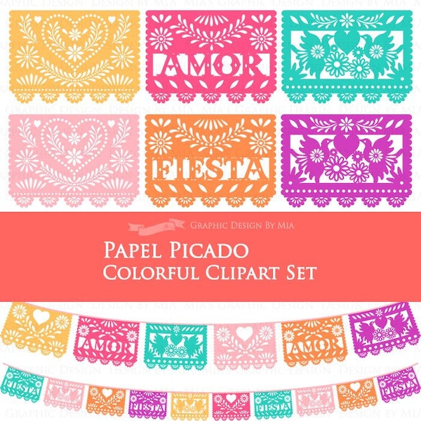 6 Colors Papel Picado / Fiesta Bunting / Colorful FIESTA Papel Picado Clip Art Set - Instant  Download
