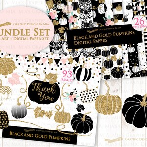 Black and Gold Pumpkins, Pumpkin, Black Pumpkin, Gold Pumpkin, Pumpkin Digital, Pumpkin Clip Art Digital Paper Set image 2