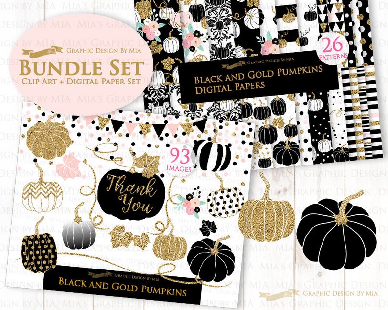 Black and Gold Pumpkins, Pumpkin, Black Pumpkin, Gold Pumpkin, Pumpkin Digital, Pumpkin Clip Art Digital Paper Set image 2