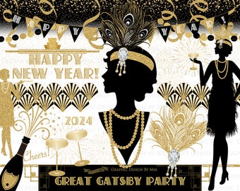 Great Gatsby, Happy New Year 2024, Gold Glitter, Flapper, 1920, Roaring 20s, Art Deco, Belle Époque Clip Art - Instant Download - CA185