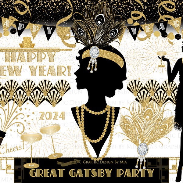 Great Gatsby, Happy New Year 2024, Gold Glitter, Flapper, 1920, Roaring 20s, Art Deco, Belle Époque Clip Art - Instant Download - CA185