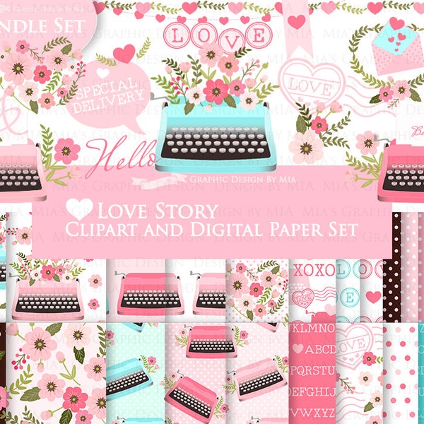 Typewriter, Valentine Day, Love Story, Love Letter, Love, Flower Pink and Light Blue, Heart Clip Art + Digital Paper Set  - Instant Download