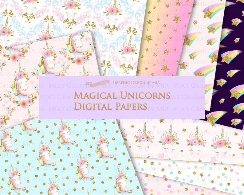 Magical Unicorns, Unicorn Horns, Unicorn faces, Unicorn heads, Gold Glitter Unicorns, Einhorn, Unicorn Clip Art Digital Paper Set image 8