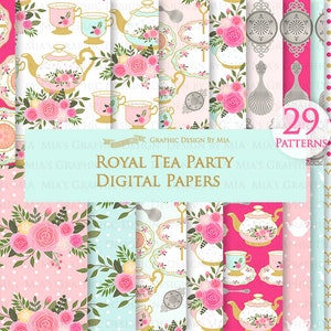 Tea, Tea Party, Tea Cup, Afternoon Tea, Rose, Pink & Mint Tea Clip Art Digital Paper Set Instant Download image 6
