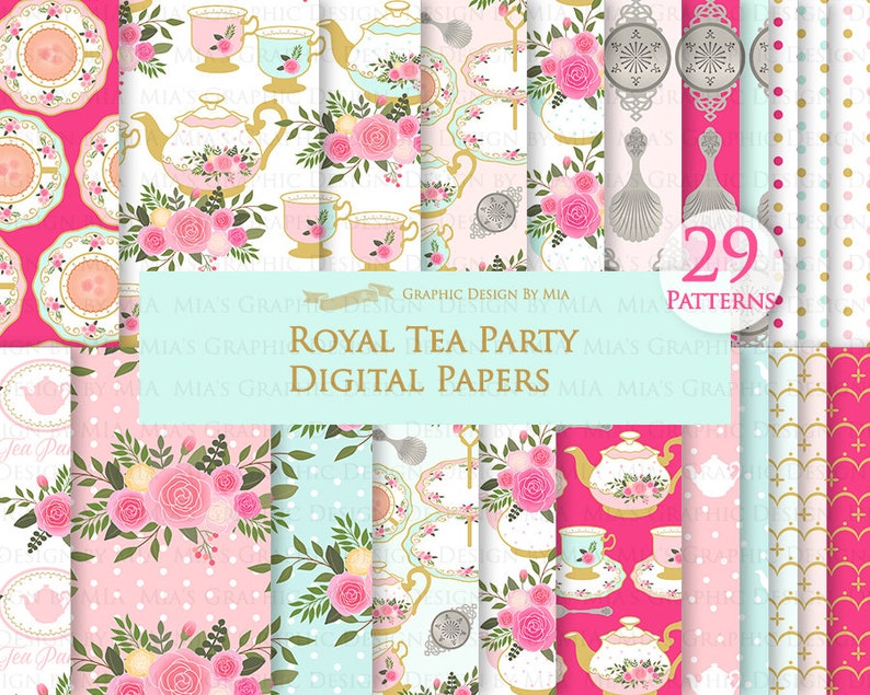 Tea, Tea Party, Tea Cup, Afternoon Tea, Rose, Pink & Mint Tea Clip Art Digital Paper Set Instant Download image 6