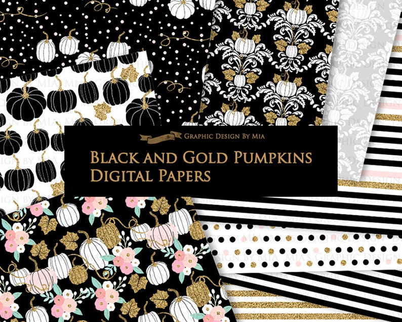 Black and Gold Pumpkins, Pumpkin, Black Pumpkin, Gold Pumpkin, Pumpkin Digital, Pumpkin Clip Art Digital Paper Set image 9