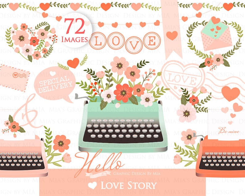 Heart Clip Art Love CA114 Valentine Day Instant Download Flower Peach and Green Typewriter Love Letter Love Story