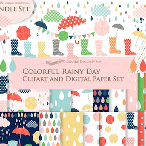 Rain, Rain Boots, Umbrella, Rain Images, Raindrop, Clouds, Colorful Cloud, Colorful Rainy Day Clip Art + Digital Paper Set