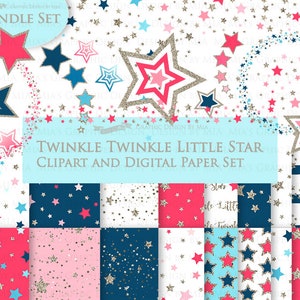 Red Blue Silver Stars, Silver Glitter, Star Digital, Twinkle Twinkle Little Star, Stars Clip Art + Digital Paper Set - Instant Download