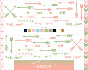 Arrows Peach & Light Green, Arrows Digital Clip Art - Instant Download - CA043