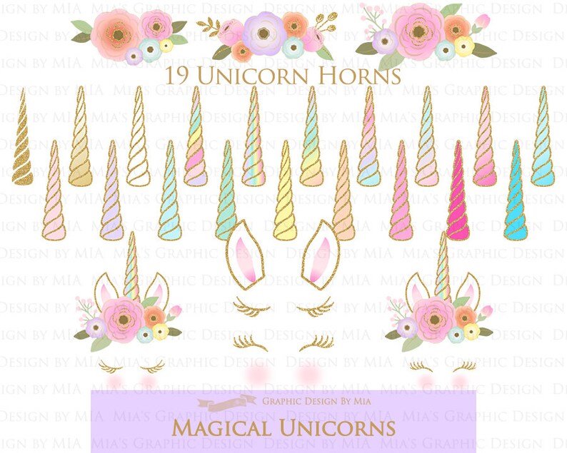 Magical Unicorns, Unicorn Horns, Unicorn faces, Unicorn heads, Gold Glitter Unicorns, Einhorn, Unicorn Clip Art Digital Paper Set image 4