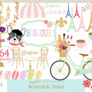 Paris Clipart, Parisian, Bonjour Paris, Eiffel Tower, Bicycle, Flower, French Dog, Cafe, Paris Gas Light Clip Art  - CA065
