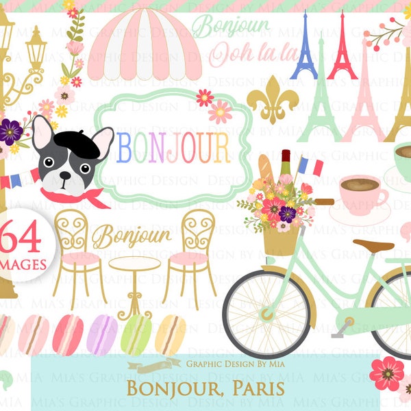 Paris Clipart, Parisian, Bonjour Paris, Eiffel Tower, Bicycle, Flower, French Dog, Cafe, Paris Gas Light Clip Art  - CA065