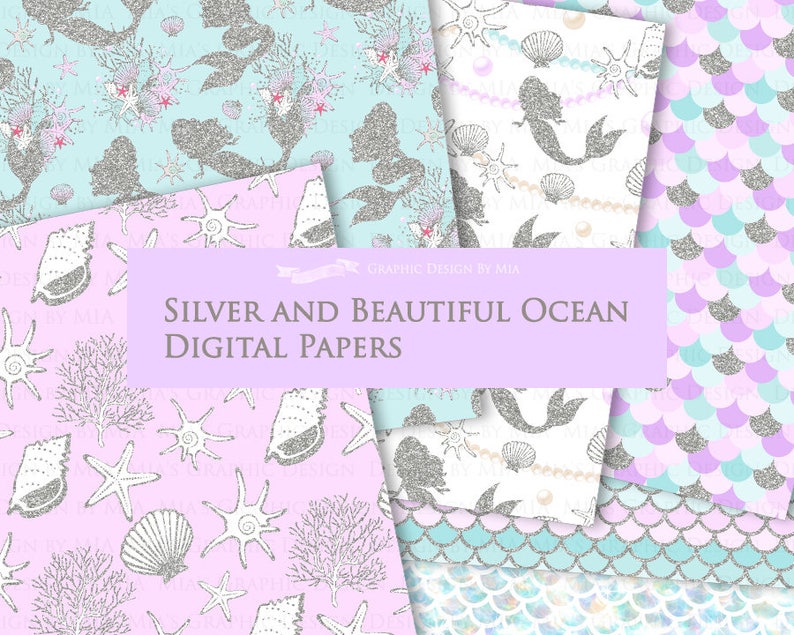Silver Mermaid Clip Art + Digital Paper Set, Mermaid Digital - Instant ...