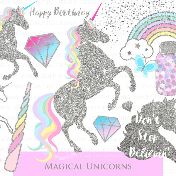 Magical Unicorns, Silver Glitter Unicorns, Einhorn, Unicorn Digital, Unicorn Clip Art - Instant Download - CA143