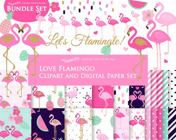 Flamingo, Love Flamingo, Pink, Glitter Gold, Pink Pineapple, Hawaiian Party, Tropical Clip Art + Digital Paper Set Il_570xn
