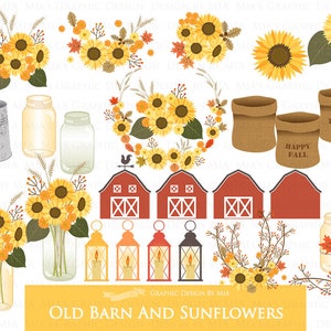 Old Barn And Sunflowers, Happy Fall, Autumn clipart, Fall Digital, Fall Clip Art - Instant Download - CA163 imagen 2
