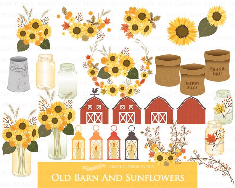 Old Barn And Sunflowers, Happy Fall, Autumn clipart, Fall Digital, Fall Clip Art - Instant Download - CA163 imagen 2