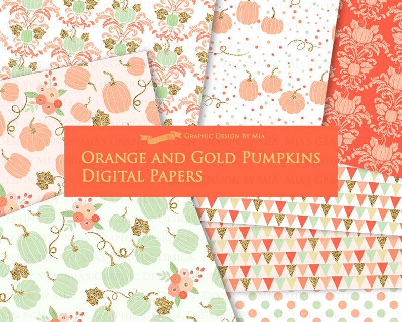 Orange and Gold Pumpkins, Pumpkin, Orange Pumpkin, Gold Pumpkin, Pumpkin Digital, Pumpkin Clip Art Digital Paper Set image 8