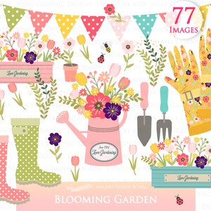Könnte beinhalten: Ein Set mit 77 digitalen Illustrationen zum Thema Gartenarbeit. Die Bilder zeigen Blumen, Pflanzen, Gartengeräte, Stiefel, Handschuhe und eine Gießkanne. Die Bilder sind in einer hellen und fröhlichen Farbpalette mit rosa, gelben, grünen und blauen Akzenten gehalten. Der Text "Love Gardening" erscheint auf mehreren der Bilder.