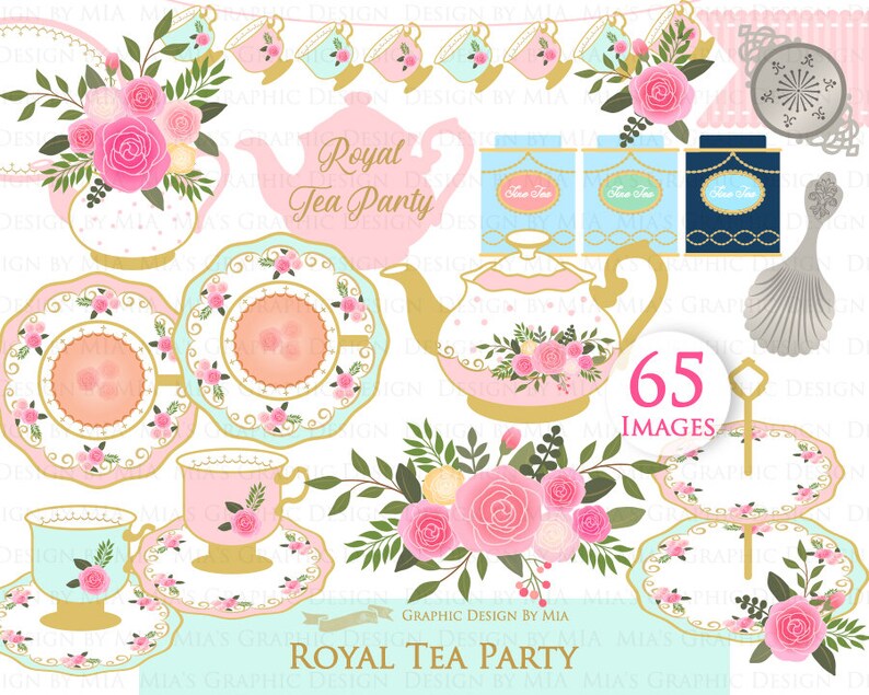 Tea, Tea Party, Tea Cup, Afternoon Tea, Rose, Pink & Mint Tea Clip Art Digital Paper Set Instant Download image 3
