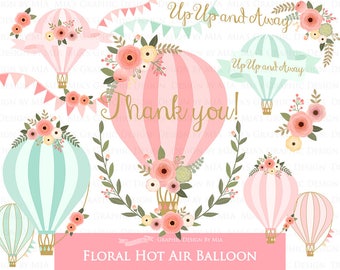 Air Balloon, Hot Air Balloon, Floral, Air Balloon Digital, Pink and Mint, Air Balloon Clip Art - Instant Download - CA145