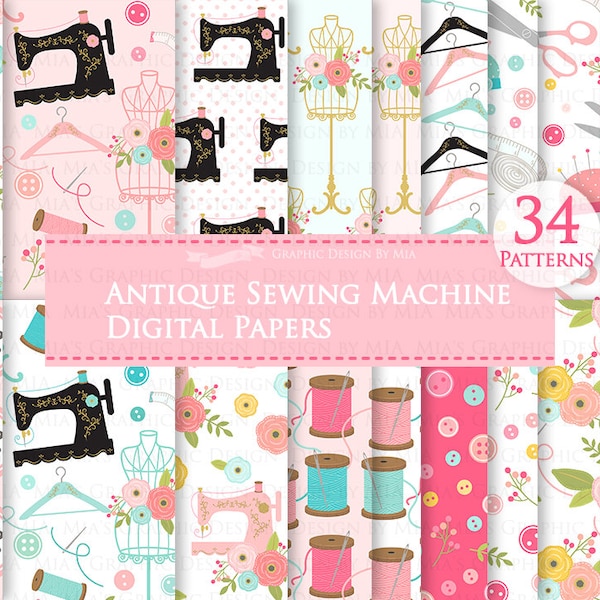 Sewing Machine, Antique Sewing Machine, Vintage Sewing Machine Digital Paper Pack - Instant Download - DP068