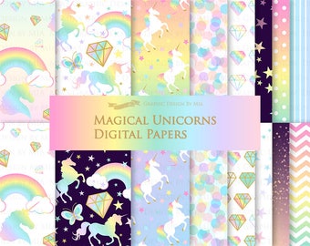 Magical Unicorns, Rainbow Unicorns, Einhorn, Unicorn Digital, Unicorn Digital Paper Pack - Instant Download - DP189