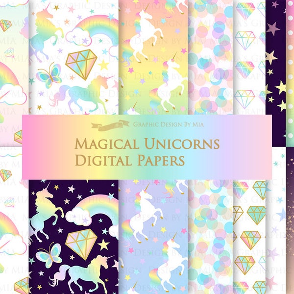 Magical Unicorns, Rainbow Unicorns, Einhorn, Unicorn Digital, Unicorn Digital Paper Pack - Instant Download - DP189