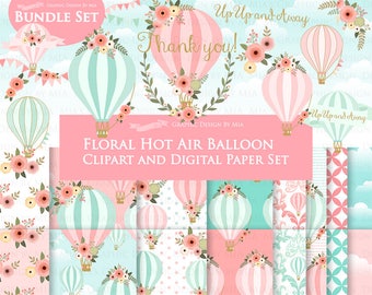 Air Balloon, Hot Air Balloon, Floral, Air Balloon Digital, Pink and Mint, Air Balloon Clip Art + Digital Paper Set - Instant Download