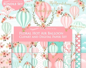 Air Balloon, Hot Air Balloon, Floral, Air Balloon Digital, Pink and Mint, Air Balloon Clip Art + Digital Paper Set - Instant Download